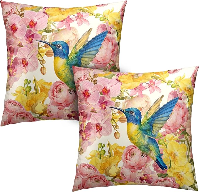 Spring Pillow Covers 18x18 Set of 2 Hummingbird Throw Pillow Covers Pink Yellow Moth Orchid Buttercup Floral Pillow Case for Home Decor Couch Sofa