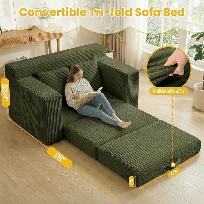 Boneless Loveseat Sleeper Sofa Bed: 3-in-1 Convertible Sofa Bed with Side Pockets & Handle,Pull Out Couch with 2 Pillows,Folding Futon for Small Space,Living Room & Bedroom,Green