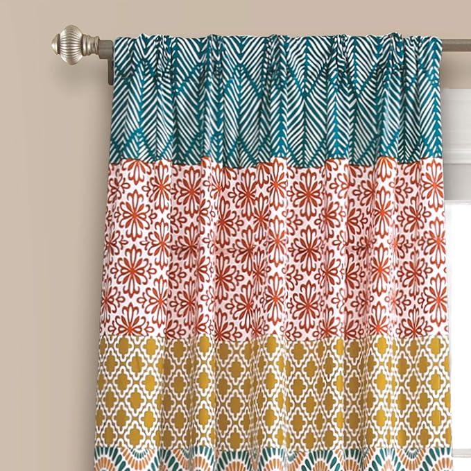 Lush Decor Bohemian Stripe Window Curtain Panels, Pair 52" W x 84" L Turquoise & Orange - Light Filtering Curtains for Bedroom - Boho Curtains - Maximalist Decor