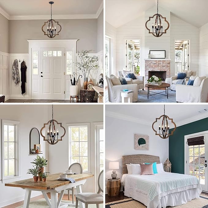 19.49'' Farmhouse Wood Chandelier, 4-Light Rustic Dining Room Light Fixture, Orb Chandelier Light Adjustable Height, Pendant Lighting for Kitchen Island Foyer Living Room Over Dining Table