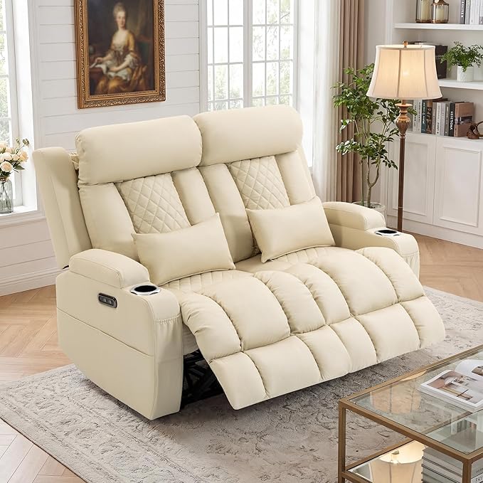2-Piece Power Reclining Sofa Set, 3-Seater Sofa with Drop-Down Console & 2-Seater Loveseat, Zero Wall Hugger Electric Recliner Couch with Adjustable Headrest, AC Outlets (Light Beige, Loveseat)