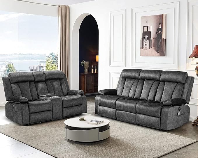 Electric Power Reclining Sofa Set - 3-Seater with Flip-Top Console & Massage Heat, Faux Leather Dual Recliner with USB Ports & Storage, Perfect for Living Room Comfort & Convenience (Gray)