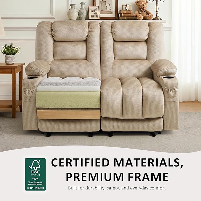 MCombo 55.9" Zero Gravity Power Loveseat Recliner with Heat and Vibration Massage, Reclining Loveseat Sofa with USB Ports, Cup Holders for Living Room, Fabric PR648SET (Beige)