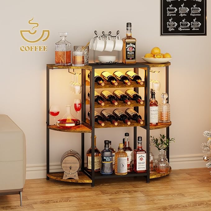 JKsmart Small Wine Bar Cabinet with LED Lights, Mini Wine Rack with Storage and Glass Holder, Home Bar Cart for Liquor, 3-Tier Bar Table for Kitchen, Dining Room, Living Room, Rustic Brown