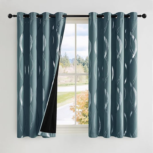 NICETOWN 100% Blackout Curtains Panels for Living Room, Greyish Blue, 52" Wide x 72" Long, 2 Panels, Sound Reducing Thermal Insulated Wave Line Foil Print Design Curtains for Patio Sliding Glass Door