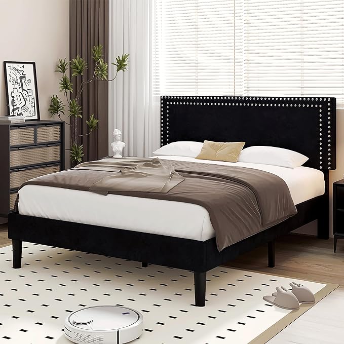 VECELO Full Size Bed Frame with Adjustable Upholstered Headboard, Wooden Slats Platform, Noise-Free Design, Easy Assembly