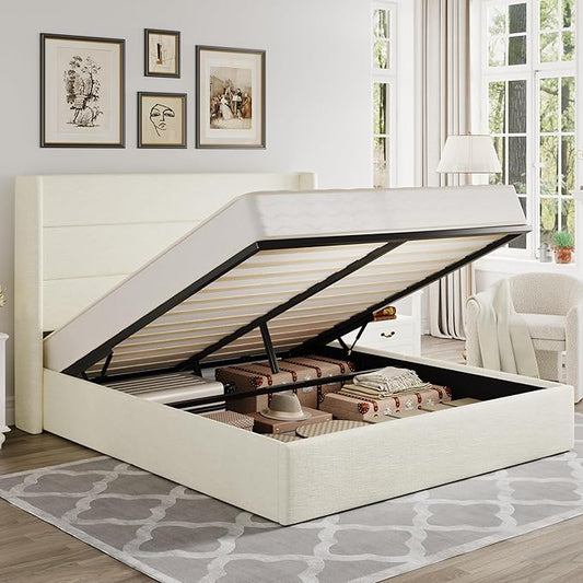 Allewie Queen Size Lift Up Storage Bed, Chenille Fabric Upholstered, Modern Wingback Headboard, Hydraulic Support, No Box Spring Needed, Cream White