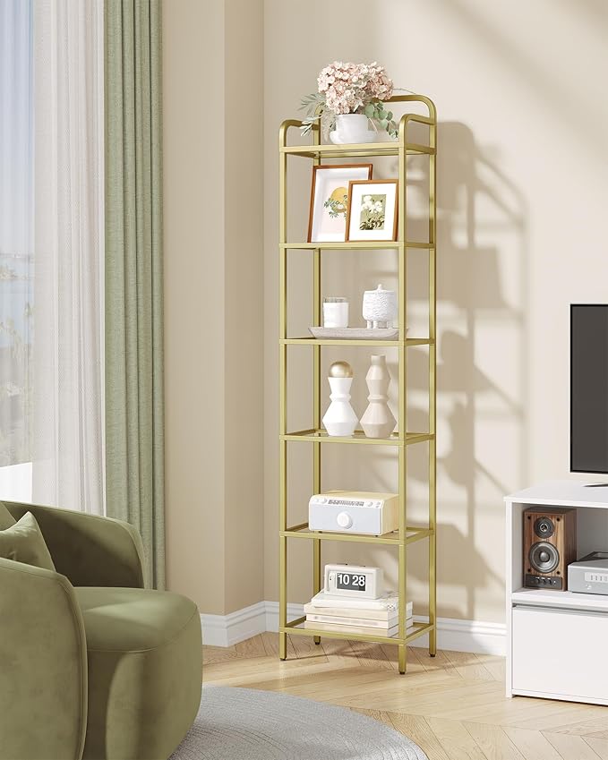 Bookshelf, Tall Narrow Bookcase with LED Lights, Tempered Glass Bookshelves with Steel Frame, Display Shelf, Slim Shelving Unit for Living Room, Bedroom, 9.6"D x 15.4"W x 66.5"H Gold BC34699G
