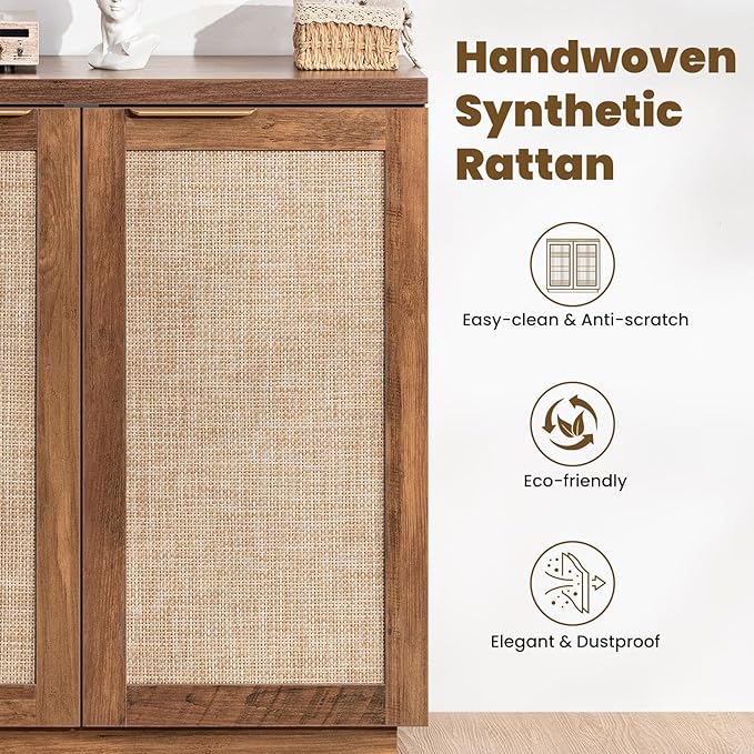 HOMMPA 31.5'' Sideboard Buffet Cabinet with Storage Boho Kitchen Buffet Cabinet with 2 Doors and Adjustable Shelves, Rattan Credenza Wood Coffee Bar Cabinets/Table for Living Room, Hallway & Kitchen