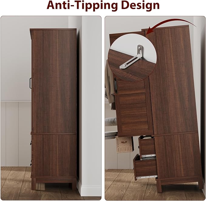 GarveeHome Armoire Wardrobe Closet with 2 Doors, Wooden Wardrobe Cabinet with Hanging Rod, 72 in Narrow Tall Clothing Armoire Cabinet with 18 Adjustable Shelves for Clothes, Bedroom, Walnut