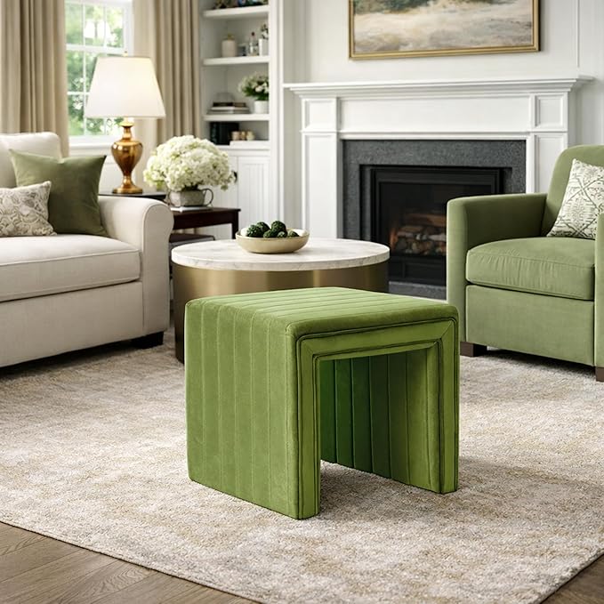 Spatial Order Modern Channel Tufted Velvet Ottoman | Spatial Order Home Décor | Ottoman for Living Room & Bedroom - Green