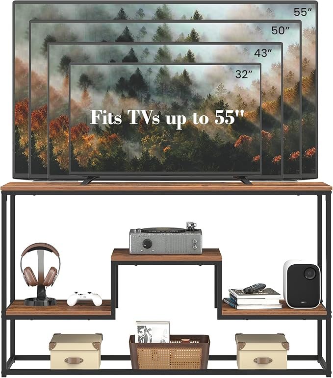 YOUDENOVA Tall TV Stand for TVs up to 55 Inch, TV Console Table with 3-Tier Open Storage Shelves, Modern Industrial Entertainment Center for Living Room, Bedroom，Rustic Brown