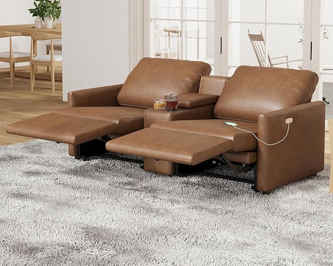 AMERLIFE Dual Power Recliner, Reclining Sectional Couch with Console, Loveseat Anti-Scratch Leathaire Modular Couch with Cup Holder& USB Port, Brown
