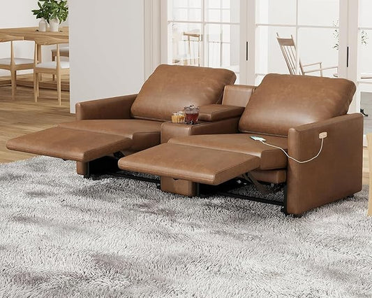 AMERLIFE Dual Power Recliner, Reclining Sectional Couch with Console, Loveseat Anti-Scratch Leathaire Modular Couch with Cup Holder& USB Port, Brown