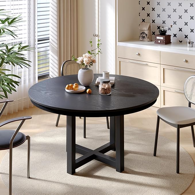Casaphoria 45" Round Dining Table, Modern Kitchen Table for 4-6, Thickly Rounded Tabletop Farmhouse Dinner Table for Living Room, Kitchen, Bar, Easy Assembly, Black
