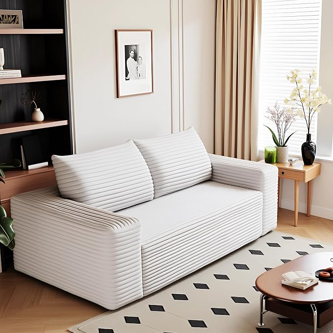 JINGLING 63" Small Couches for Small Spaces, Comfy Boneless Couch in a Box, Love Seat Compressed Sofa for Living Room Bedroom, Apartment Furniture, No Assembly, Corduroy, White