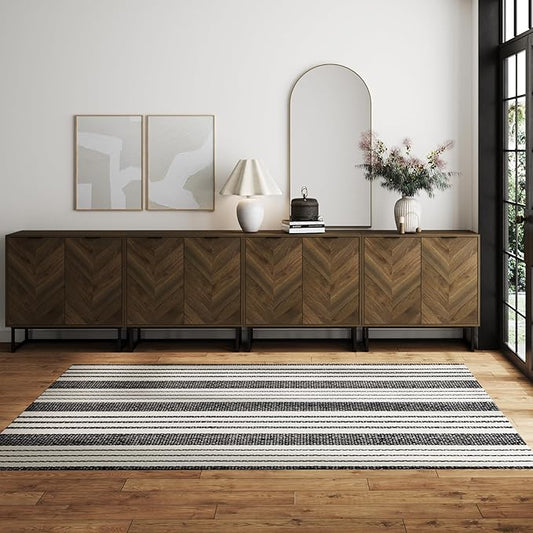 Nathan James Enloe Modern Sideboard Buffet Storage Accent Cabinet TV Stand with Doors in Rustic Walnut Finish and Black Matte Metal Base for Hallway, Kitchen or Living Room, Walnut/Black, Set of 4