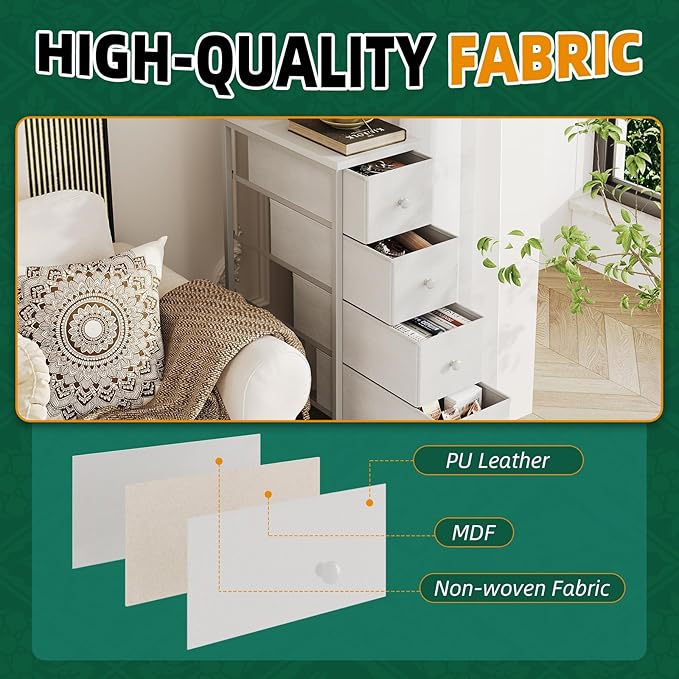 Narrow Dresser, 19" Wide Narrow Nightstand Dresser Storage Tower with 5 Drawers, Slim Fabric Dressers Chest of Drawers for Small Spaces, Wood Top & Fabric Bins for Bedroom Bathroom Closet (White)