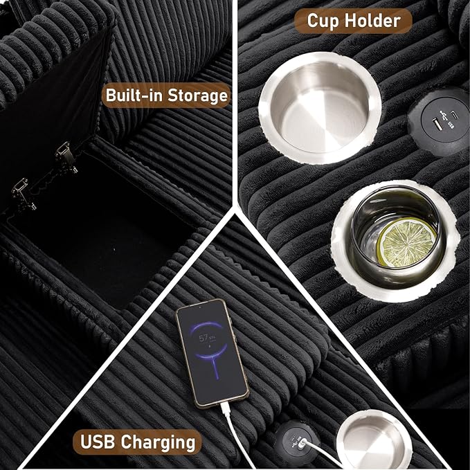 133" Oversized U Shaped Cloud Couch Modular Sectional Couches for Living Room Comfy Corduroy Deep Seat Sofa Set with Double Chaise Lounge, Storage Central Console, Cup Holders, USB Port, Black