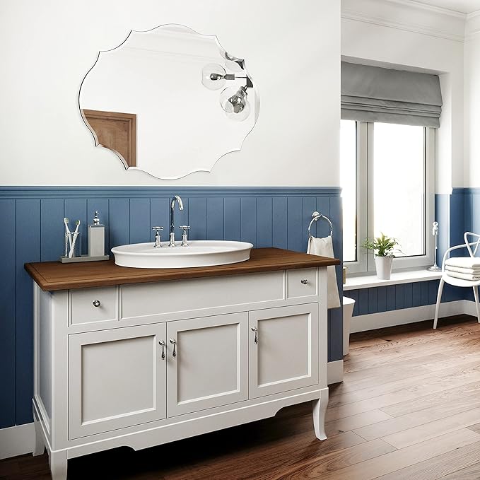 Muzilife 22x28 Frameless Oval Wall Mirror Beveled Scalloped Mirror Silver Wall Mirror with MDF Backplane Over Bathroom Sink for Vanity, Bedroom or Any Other Room in Your Home