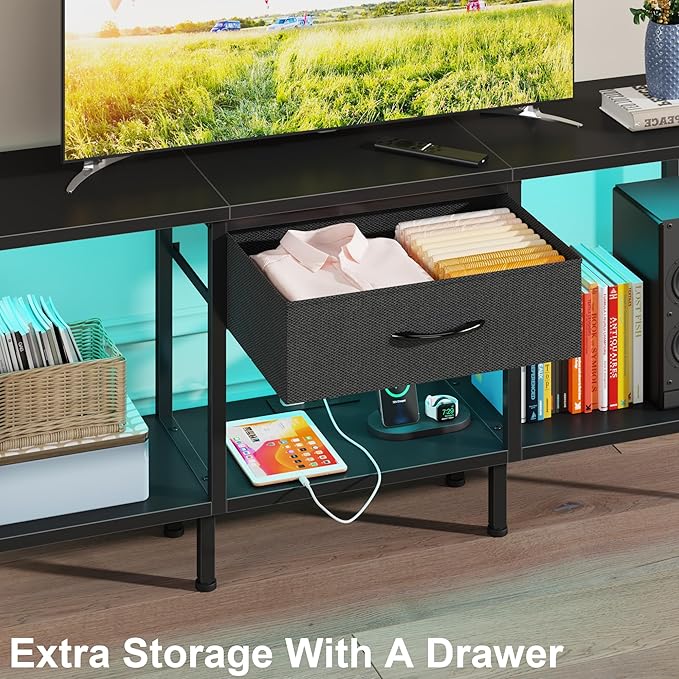 GYIIYUO LED TV Stand with Power Outlet and Fabric Drawer for 55 50 45 Inches TV - Entertainment Center and Industrial TV Console Table for Living Room, Bedroom- 47" Black