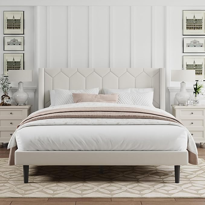 Queen Size Bed Frame with Headboard, Velvet Upholstered Platform Bed Frame No Box Spring Needed, Queen Sized Modern Bedframe with Strong Wooden Slats, Beige