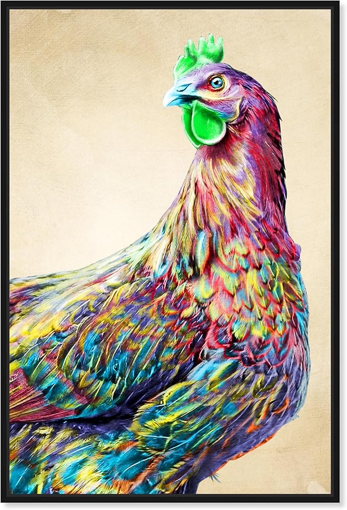 Country Farmhouse Canvas Print Painting Animal Wall Art 'Fun Colorful Glam Rooster' Black Framed Canvas Rustic Home Décor 36x54 in Pink, Green by Oliver Gal