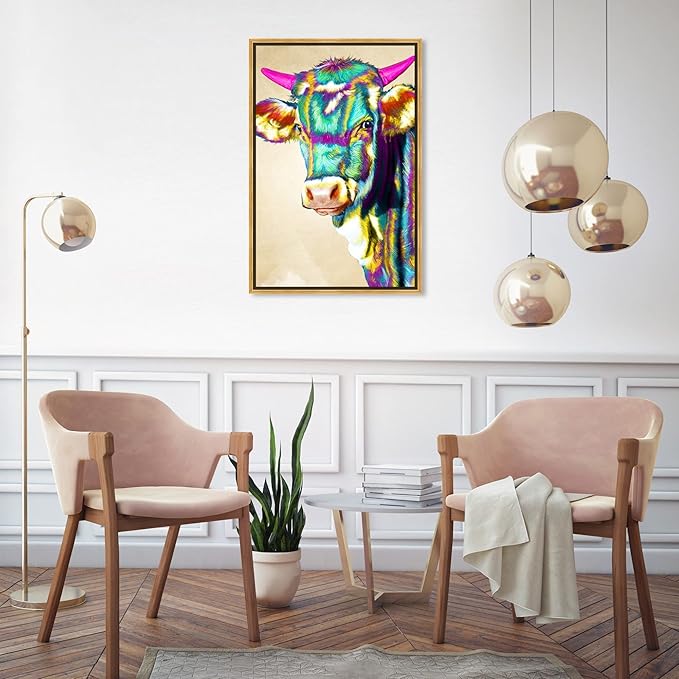 Country Farmhouse Canvas Print Painting Animal Wall Art 'Fun Colorful Glam Farm Cow' Gold Framed Canvas Rustic Home Décor 20x30 in Green, Pink by Oliver Gal