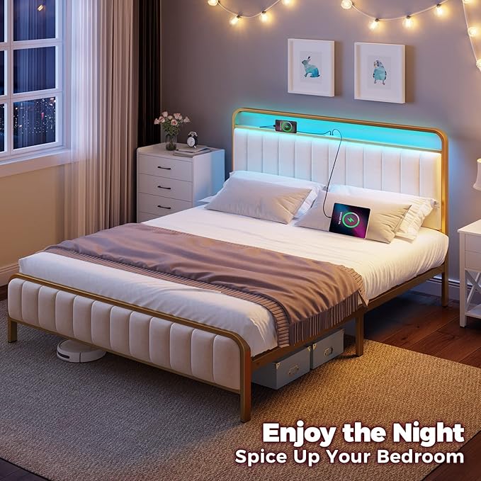 Rolanstar Full Size Bed Frame with LED Light and Charging Station, Upholstered Headboard and Footboard, Metal Slat, Noise Free, Easy Assembly, Golden