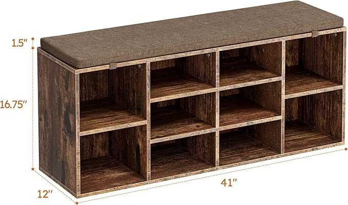 Shoe Bench, Storage Bench with Padded Seat, 10 Cubbies Storage Entryway Bench, for Living Room, Bedroom, Hallway,Brown