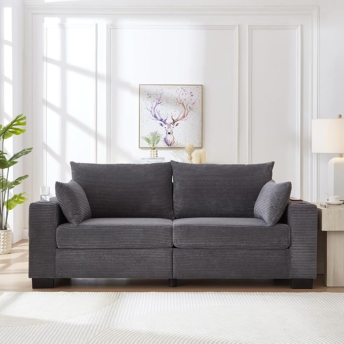 Eafurn 78" Corduroy Loveseat Sofa, Modern 2 Seater Couch with Dual Cup Holders & USB Charging Ports, Comfy Upholstered Small Sofa with Side Storage Pockets for Apartment, Living Room