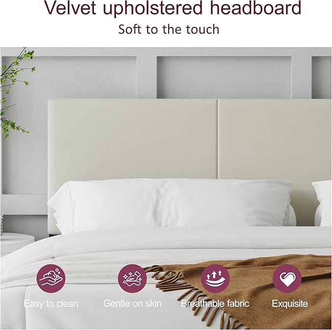 Full Size Bed Frame with Upholstered Headboard, Sturdy Wood Slats, No Box Spring Required, Silent, Easy Assembly,Beige