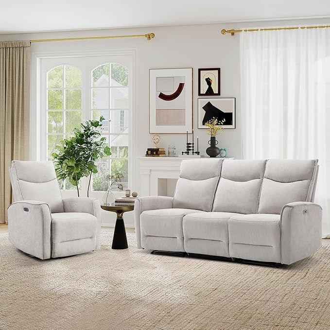 ANJ 2 Pieces Recliner Sofa Furniture Set,Include Power Swivel Recliner Chair with USB Port and 80" Wide Overstuffed 3 Seater Reclining Couch for Living Room, Light Grey