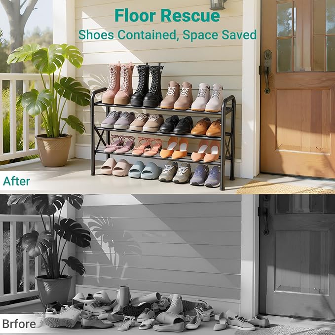 3-Tier Expandable Shoe Rack for Closet Floor, X-Frame Metal Small Shoe Rack for Entryway, Adjustable Shoe Shelf Organizer, Free Standing Shoe Racks for Front Door Entrance, Garage - Black
