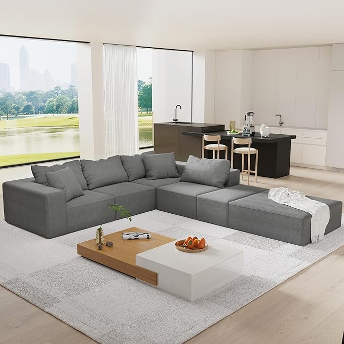 Favfurish Modern Minimalist Upholstered Couch，132" Oversized Modular Floor L-Shaped Sofa Set,with 6 Pillows,for Living Room,Bedroom,Grey（Chenille，6 Seat）