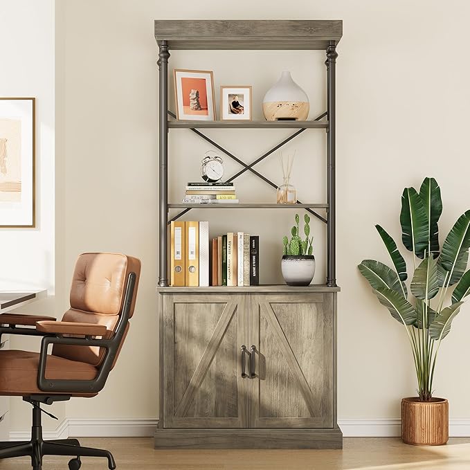 IDEALHOUSE Tall Bookshelf with Doors 73.62in Industrial Storage Open Rack Shelf with Cabinet Wood and Metal Bookcase Farmhouse Bookshelves Large Vintage Display Rack Home Office