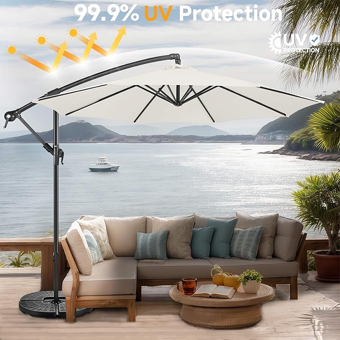 FLAME&SHADE 10ft Cantilever Patio Umbrella Outdoor, Large Offset Umbrella with Crank and Cross Base, UPF 50+ UV Protection Hanging Umbrella for Pool Deck Garden, Ivory