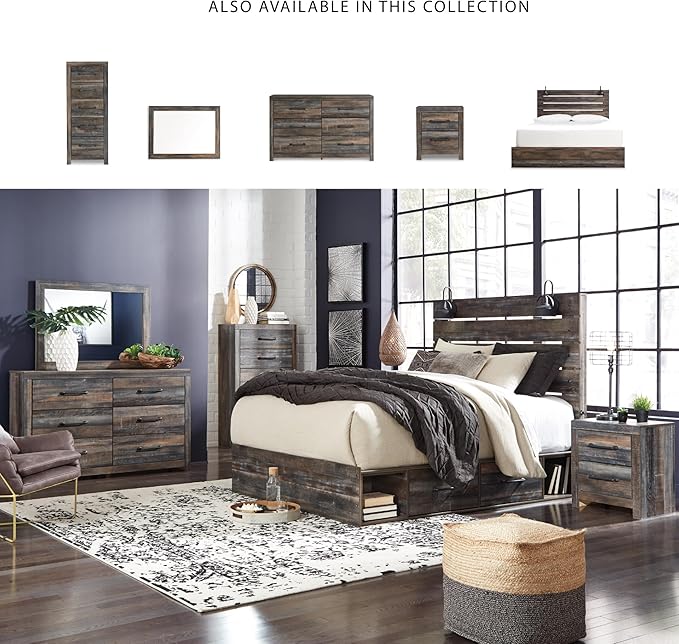Signature Design by Ashley Drystan Rustic King Panel Platform Bed with 2 Storage Drawers, Open Cubbies, Sconce LED Lights and USB Ports, Foundation or Box Spring Not Needed, Dark Brown & Gray