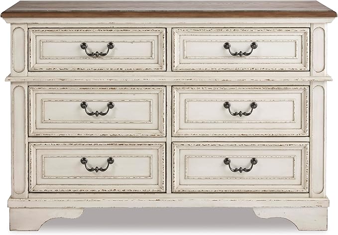 Signature Design By Ashley Realyn French Country Youth 6 Drawer Dresser, Chipped White & Brown
