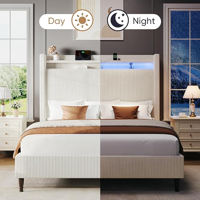 Full Size Bed Frame with Tall Headboard, 55.3" Corduroy Upholstered Platform Bedframe with LED Lights & Charging Station, Cream Full Beds, Wingback Storage Headboard, No Box Spring Needed, Wood Slats