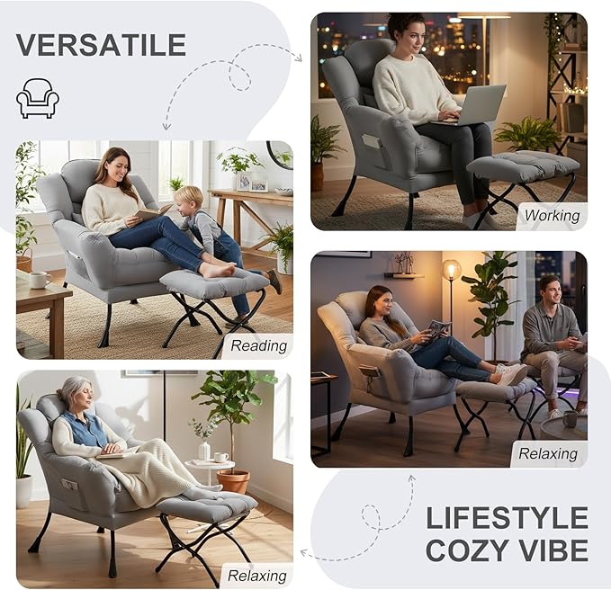 Lazy Chair with Ottoman, Modern Lounge Chair with Lumbar Pillow, Accent Cozy Reading Armchair and Folding Footstool for Bedroom, Dorm, Living Room,Light Grey