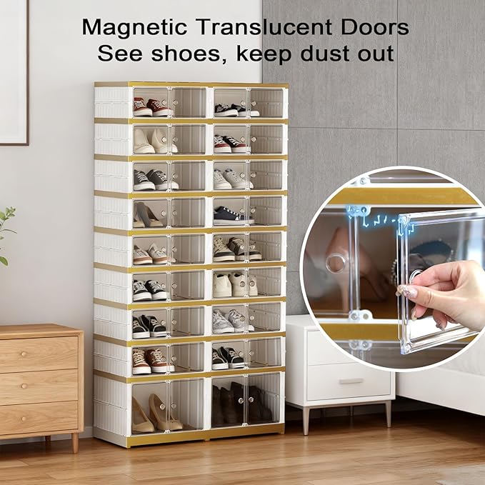 Foldable Shoe Organizer Cabinet Collapsible Shoe Rack, 9 Tier 36 Pairs Shoe Storage Boxes, Folding Shoe Rack with Magnetic Transparent Doors Easy Assembly Shoe Shelves Organizer, White Gold