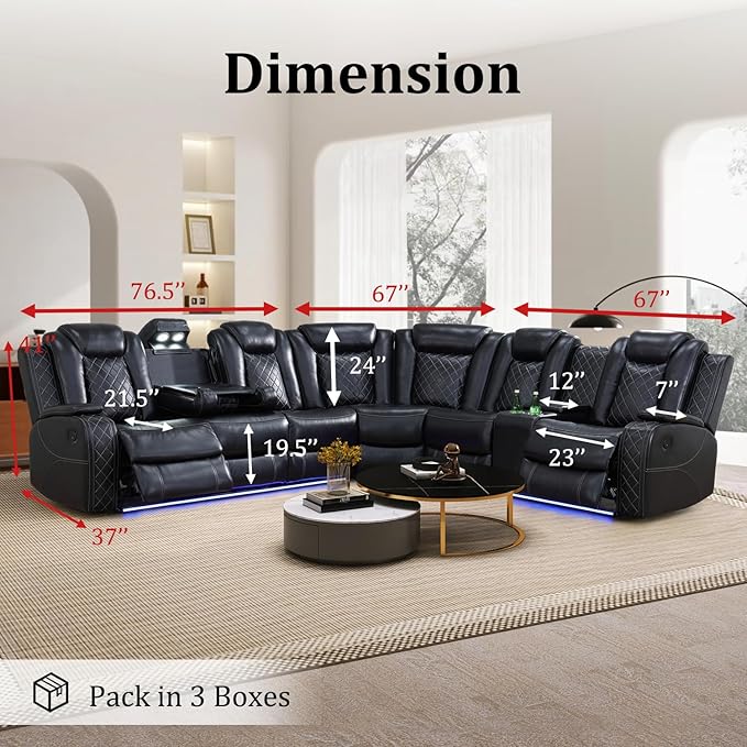Power Recliner Sectional Sofa Set with Chair, Leather Reclining Couch Set for Living Room, Black Air Leather Recliner Sectional with Storage Console/Cup Holders/USB Ports/LED