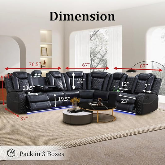 Power Recliner Sectional Sofa Set with Chair, Leather Reclining Couch Set for Living Room, Black Air Leather Recliner Sectional with Storage Console/Cup Holders/USB Ports/LED