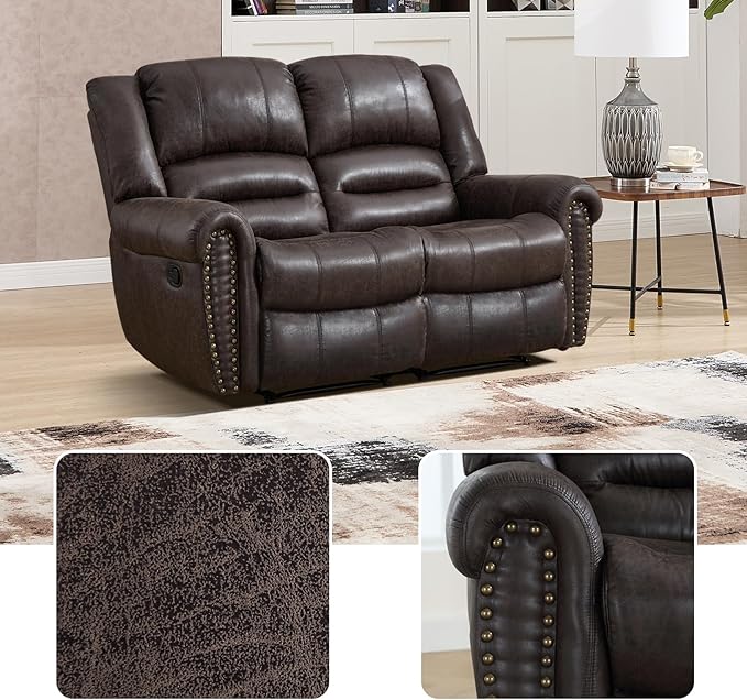 EBELLO Manual Recliner Sofa Set, Faux Leather Reclining Living Room Set, Included Single Recliner Chair and Loveseat Manual Sofa, Vintage Rivet Mid-Century Design for Living Room, Dark Brown