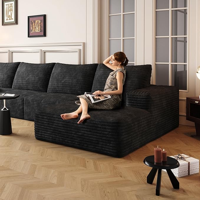 107" Oversized L Shaped Couch with Chaise, Minimalist Compressed Boneless Couch No Assembly Required, Modular Cloud Sectional Sofa for Living Room Bedroom, Right Facing Chaise, Plush Corduroy, Black