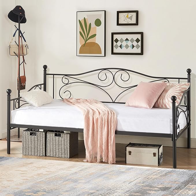 VECELO Daybed Frame, Twin Size Metal Platform Bed with Headboard,Heavy Duty Steel Slats Support for Living Room Bedroom Guest Room, Easy Assembly