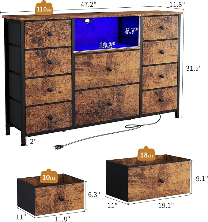 NONGSHIM Dresser with Charging Station and LED Lights, Long Dresser for Bedroom TV Stand with 10 Drawers, Fabric Chest of Drawers, Wide Storage Organizer, Rustic Brown, Dre003
