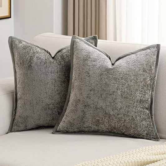 FUTEI Grey Chenille Throw Pillow Covers 18x18 Inch Set of 2,Soft Cozy Bound Edge Design Cushion Case,Home Decor for Couch Bed Living Room
