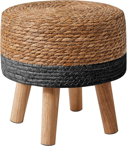YMYNY Foot Stool Natural Seagrass Hand Weave, 12.6" Small Ottoman, Round Footrest for Living Room, Bedroom, Entryway, Change Shoes Stool, Non-Skid Wood Legs, Boho, Natural+Black UHBD027B